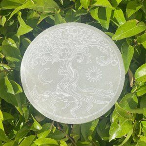 Selenite Tree of Life Etched Charging Plate, Boho Decor, Altar Pieces, Power